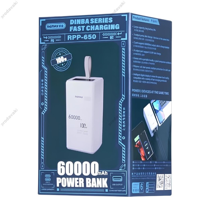 Повербанк портативний акумулятор Power bank REMAX RPP-650 100W 60000mAh White
