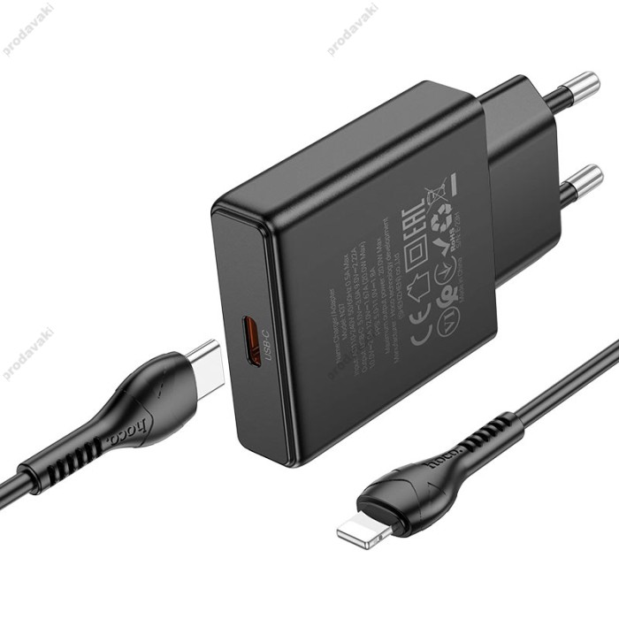 Мережевий зарядний пристрій HOCO N37 Delgado port charger Lightning cable 20W Black