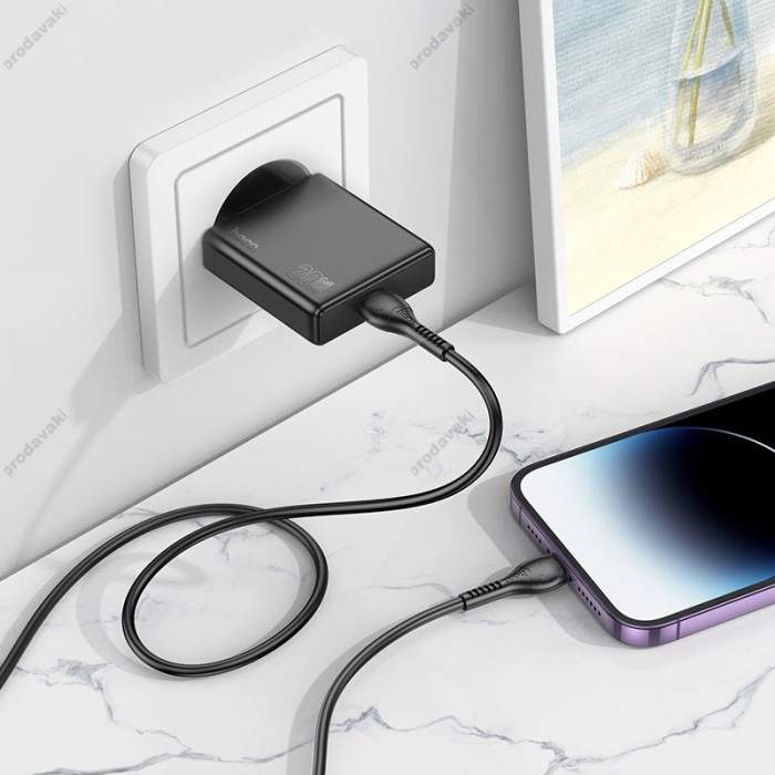 Мережевий зарядний пристрій HOCO N37 Delgado port charger Lightning cable 20W Black