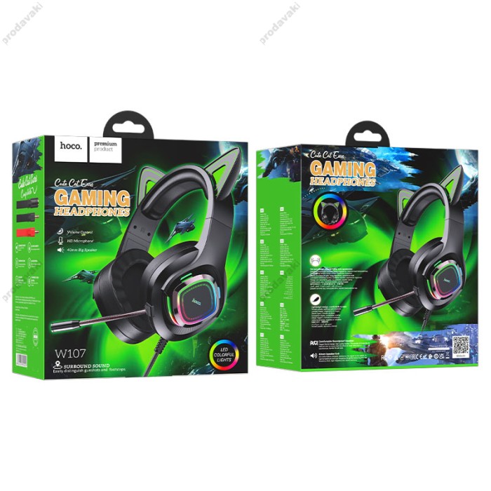 Дротові навушники HOCO W107 Cute cat luminous cat ear gaming headphones Elf