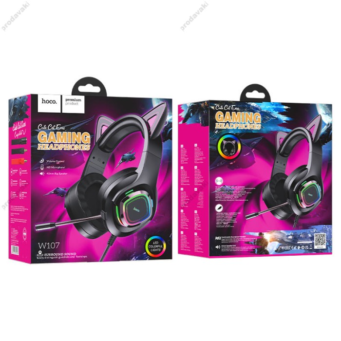 Дротові навушники HOCO W107 Cute cat luminous cat ear gaming headphones Phantom