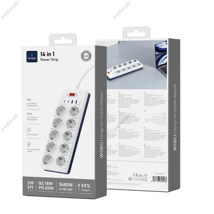 Мережевий подовжувач WiWU Wi-S008 14 in 1 20W GaN Power Strip 2C+2A+10AC 2м White