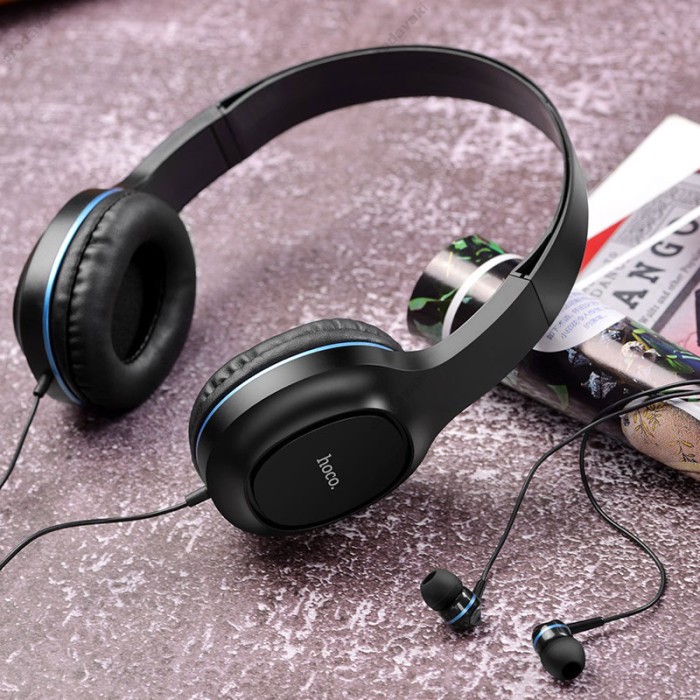 Дротові навушники HOCO W24 Enlighten headphones with mic set Black-blue