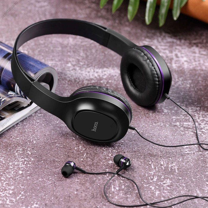 Дротові навушники HOCO W24 Enlighten headphones with mic set Black-purple