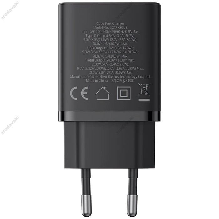 Мережевий зарядний пристрій Baseus Cube Fast Charger C+U 30W EU Cluster Black P10111404113-00