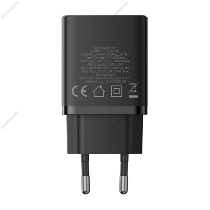 Мережевий зарядний пристрій Baseus Cube Fast Charger C+U 20W EU Cluster Black P10111403113-00