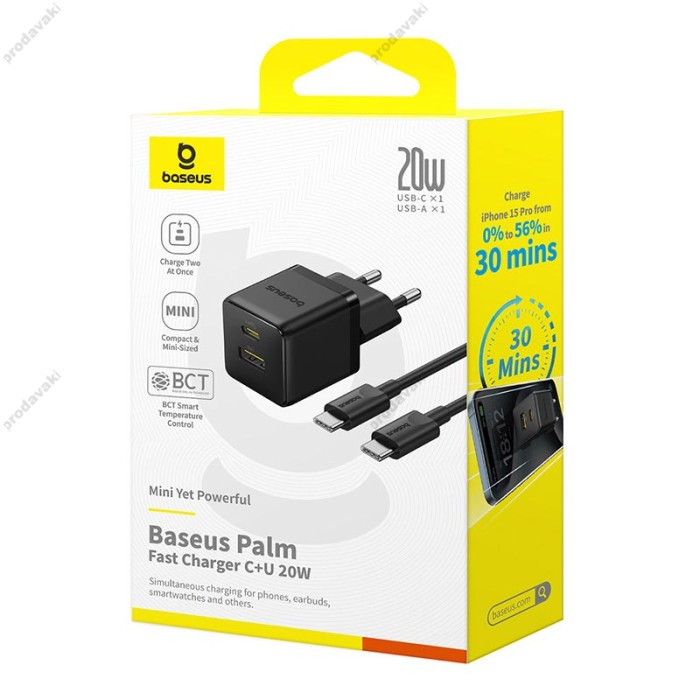 Мережевий зарядний пристрій Baseus Palm Type-C+USB Type-C cable 20W Black P10111608113-01