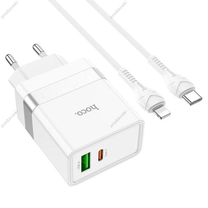 Мережевий зарядний пристрій HOCO N21 Extension speed charger Lightning cable 30W White