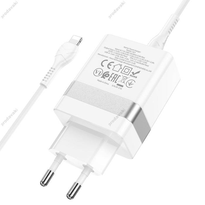 Мережевий зарядний пристрій HOCO N21 Extension speed charger Lightning cable 30W White
