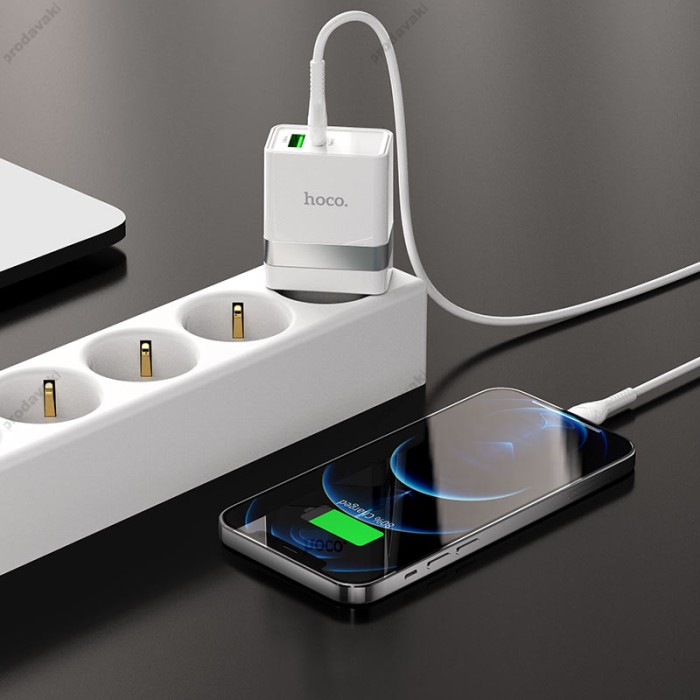 Мережевий зарядний пристрій HOCO N21 Extension speed charger Lightning cable 30W White