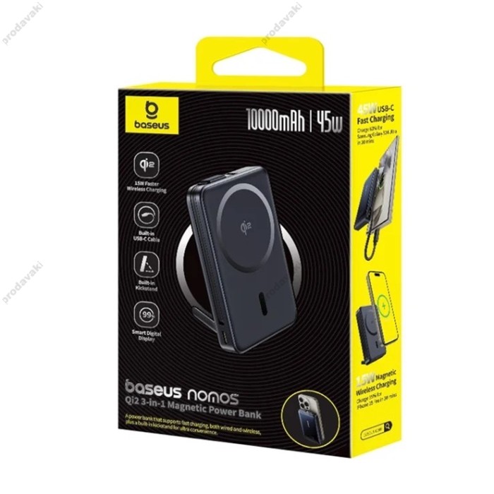 Повербанк портативний акумулятор Power bank Baseus PicoGo AM61 Qi2.2 Magnetic with Built-in Cable 10000 mAh 45W Black E0028V00