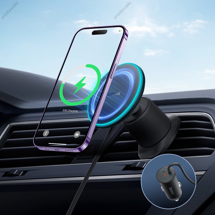 Автомобільний тримач із бездротовою зарядкою Baseus CW01 Magnetic Wireless 15W (+АЗУ Type-c 25W) Black C40141000111-00