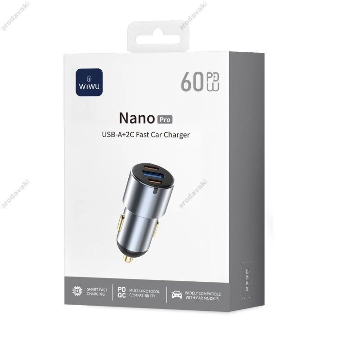 Автомобільний зарядний пристрій WiWU Wi-CC032 60W Nano Pro A+2C Fast Car Charger Grey