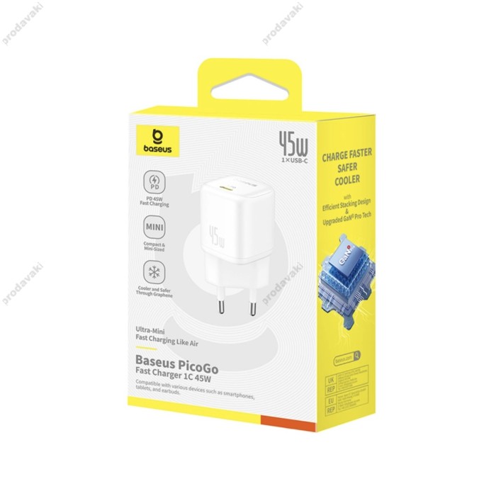 Мережевий зарядний пристрій Baseus PicoGo GaN Fast Charger 1C 45W White P10176800213-00