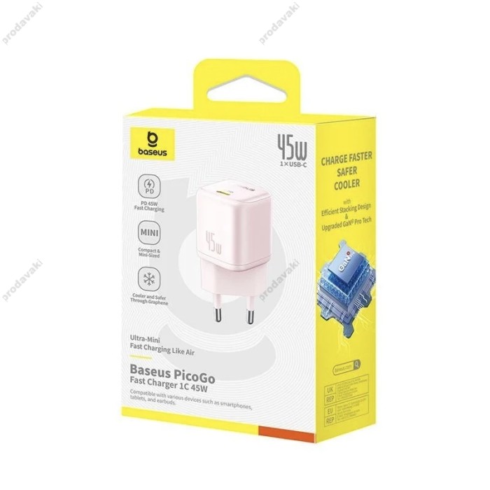 Мережевий зарядний пристрій Baseus PicoGo GaN Fast Charger 1C 45W Pink P10176800413-00
