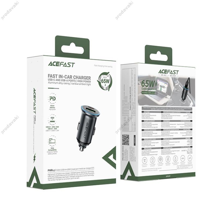 Автомобільний зарядний пристрій ACEFAST B15 PD dual port metal 4A 65W Grey