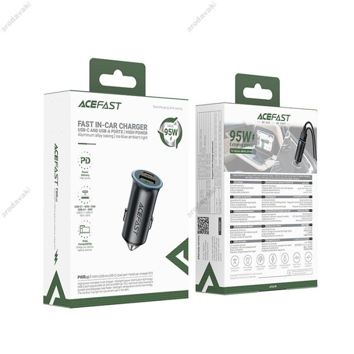 Автомобільний зарядний пристрій ACEFAST B16 PD dual port metal 3A 95W Grey