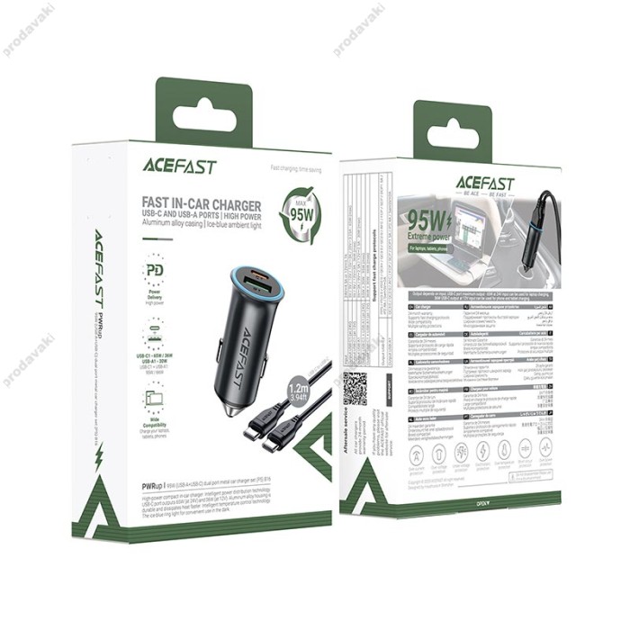 Автомобільний зарядний пристрій ACEFAST B16 PD dual port metal Type-C set 3A 95W Grey