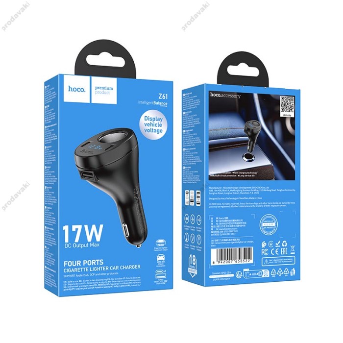 Автомобільний зарядний пристрій розгалужувач HOCO Z61 Correct three-port cigarette lighter 17W Black
