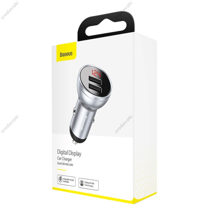 Автомобільний зарядний пристрій Baseus Digital Display Dual USB 24W Silver CCBX-0S