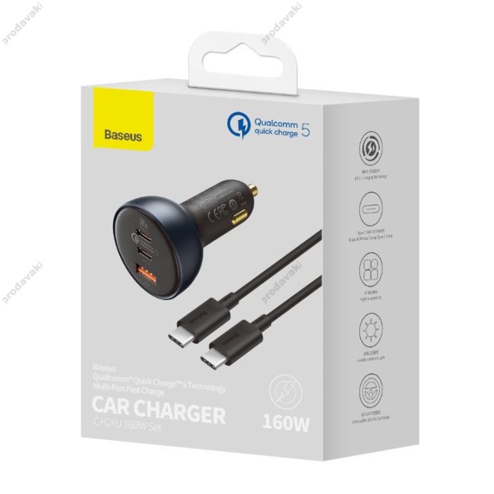 Автомобільний зарядний пристрій Baseus Qualcomm Quick Charge 5 Technology C+C+U 160W + Cable Black TZCCZM-0G