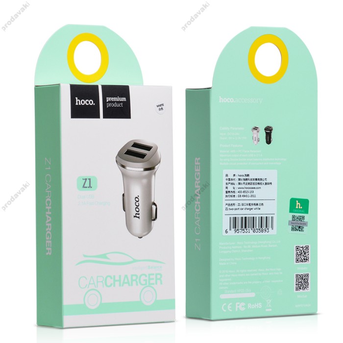 Автомобільний зарядний пристрій Hoco Z1 2USB White