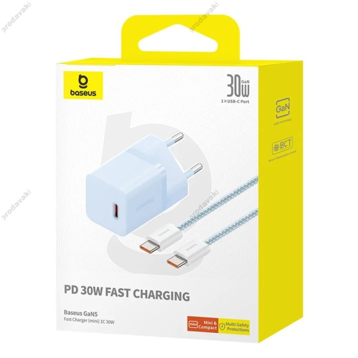 Мережевий зарядний пристрій Baseus GaN5 Fast Charger (mini) Cable Type-C to Type-C 30W Blue P10110902313-00