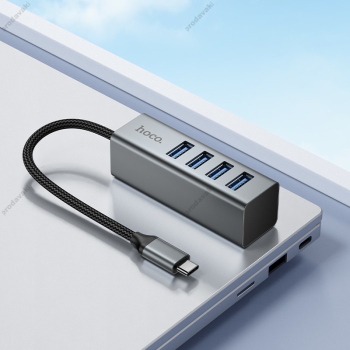 USB-Хаб Hoco HB1C Multifunction Adapter 4в1 Type-C to 4xUSB 3.0 Grey
