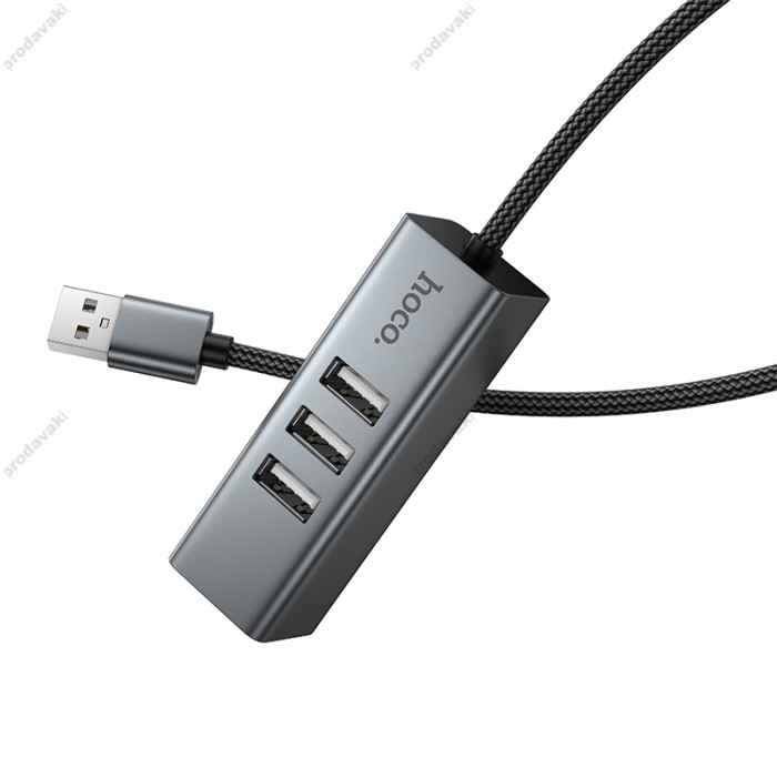 USB-Хаб Hoco HB1D converter 4в1 USB to 3xUSB 2.0+RJ45 Grey