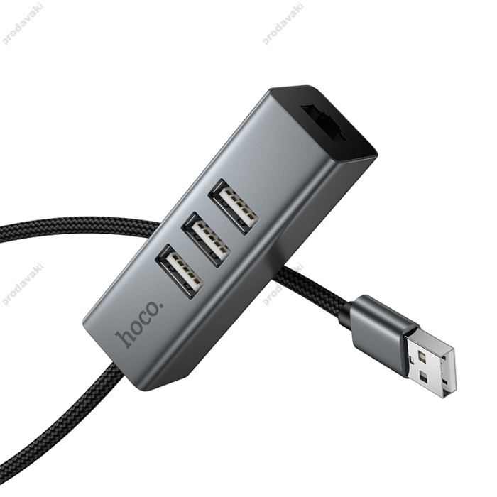 USB-Хаб Hoco HB1D converter 4в1 USB to 3xUSB 2.0+RJ45 Grey