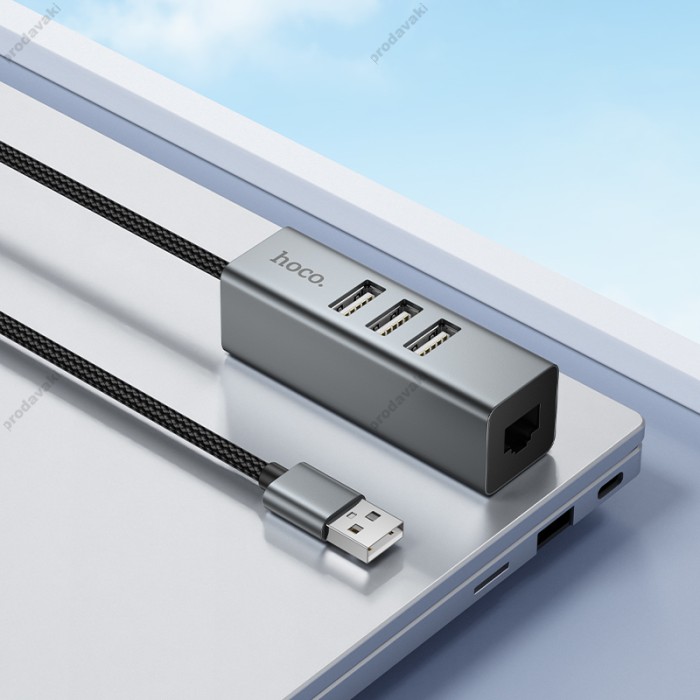 USB-Хаб Hoco HB1D converter 4в1 USB to 3xUSB 2.0+RJ45 Grey