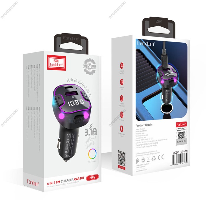 FM трансмітер Earldom ET-M99 Black з Bluetooth 5.3