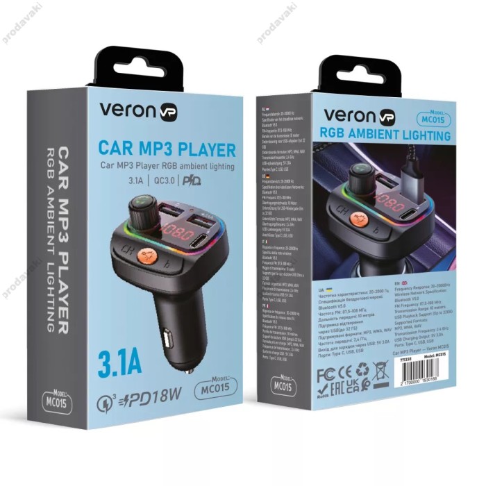 FM-трансмітер Veron MC015 Black з Bluetooth 5.0