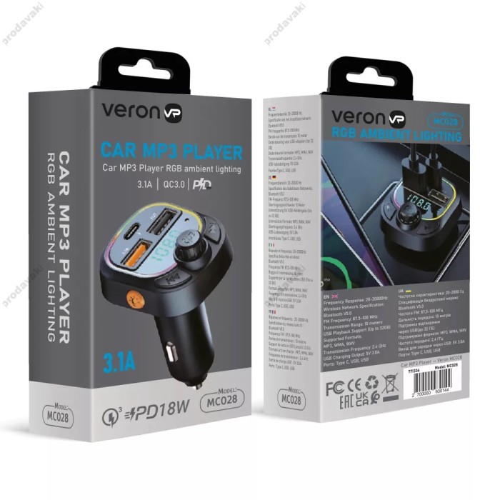 FM-трансмітер Veron MC028 Black з Bluetooth 5.0