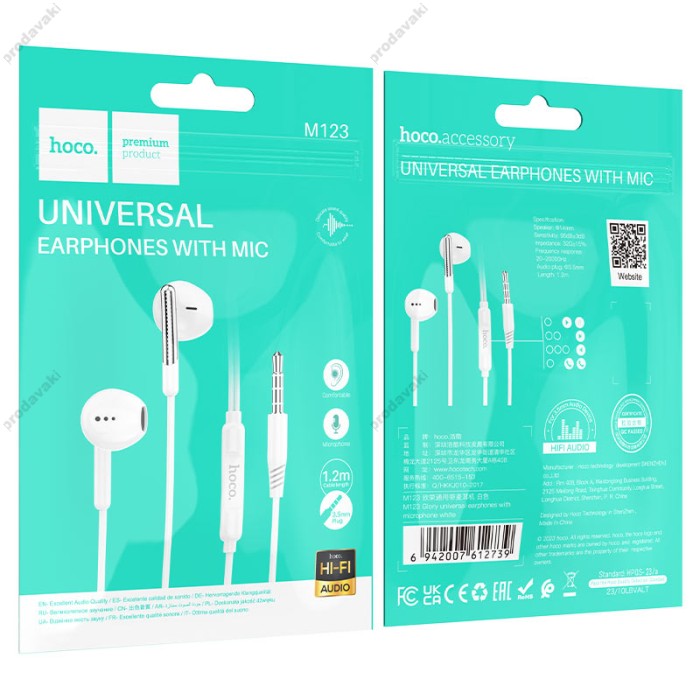 Дротові навушники HOCO M123 Glory universal earphones with microphone 3.5mm White
