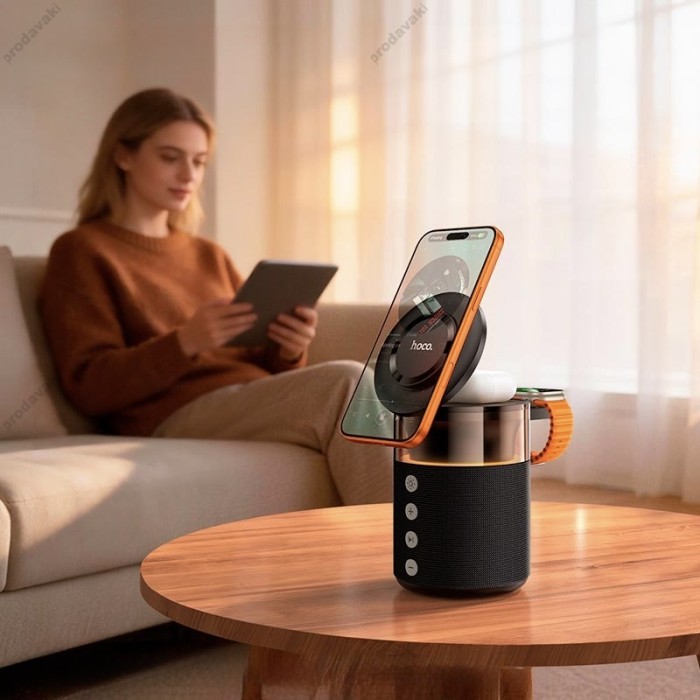Беспровідний зарядний пристрій HOCO DWQ05 Sunset BT Speaker with 3in1 wireless charger 15W Black