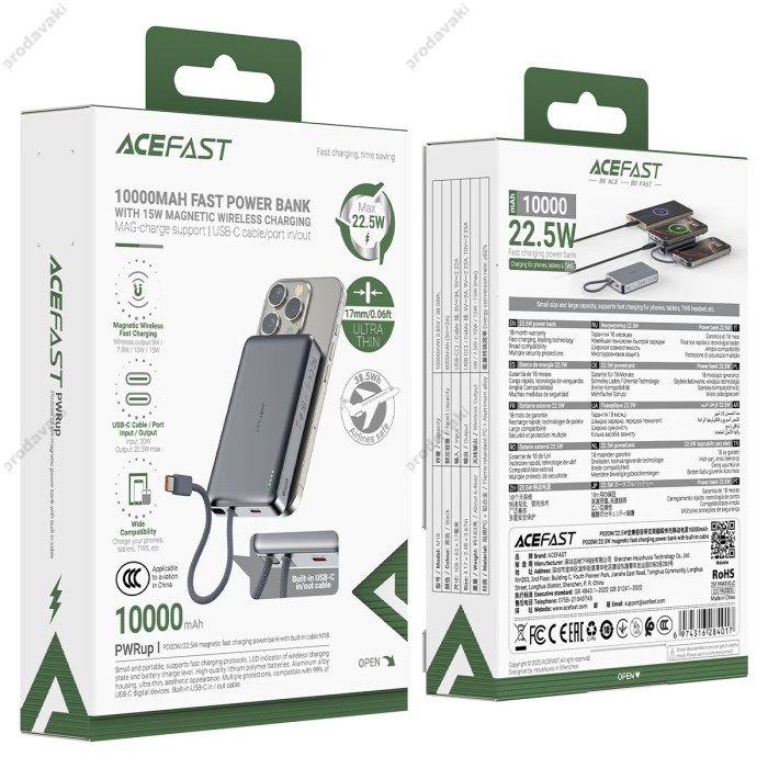 Повербанк портативний акумулятор Power bank Acefast M18 magnetic with cable магнітний 22.5W 10000 mAh Black