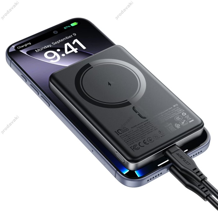 Повербанк портативний акумулятор Power bank Acefast M12 ultra-thin MagSafe магнітний 20W 10000 mAh Black