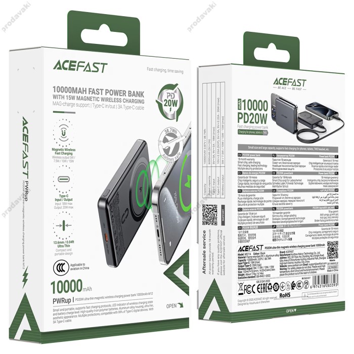 Повербанк портативний акумулятор Power bank Acefast M12 ultra-thin MagSafe магнітний 20W 10000 mAh Black