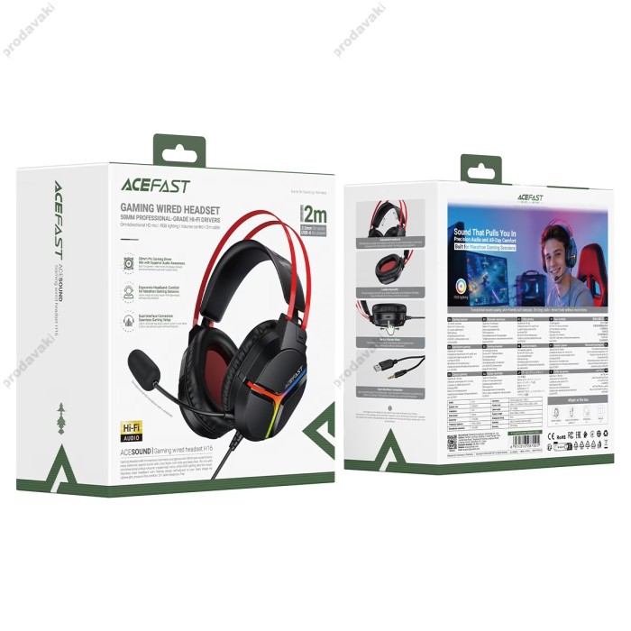Дротові навушники ACEFAST H16 gaming wired headset IPX4 USB, 3.5mm Black