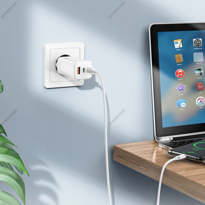 Мережевий зарядний пристрій HOCO N16 Scenery GaN charger Type-C cable 65W White