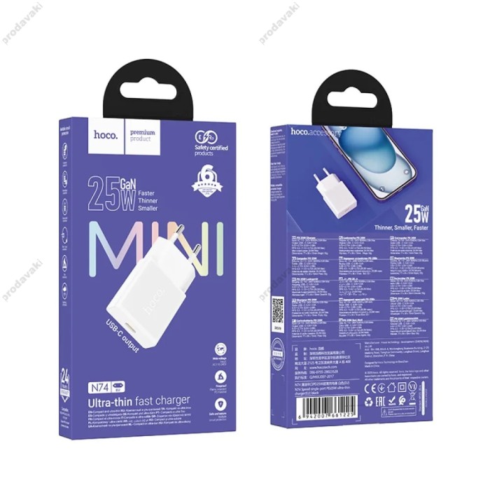 Мережевий зарядний пристрій HOCO N74 Speed single-port PD ultra-thin charger 25W White