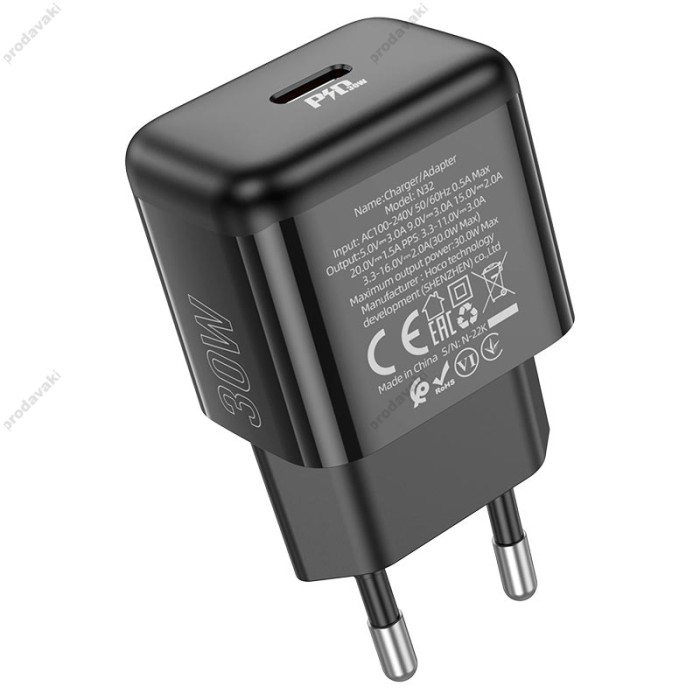 Мережевий зарядний пристрій Hoco N32 Glory Home Charger Cable Type-C 30W Black