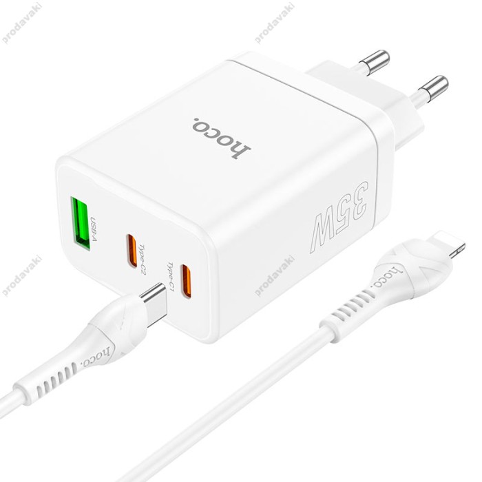 Мережевий зарядний пристрій Hoco N33 Start three-port charger Lightning cable 35W White
