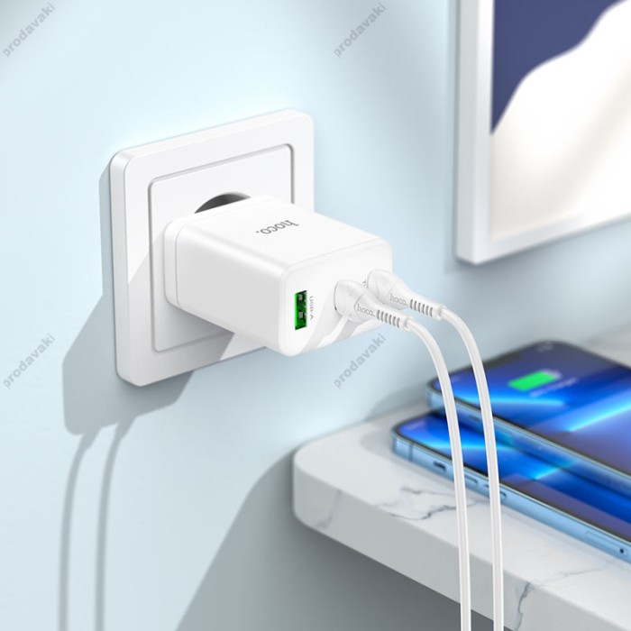 Мережевий зарядний пристрій Hoco N33 Start three-port charger Lightning cable 35W White