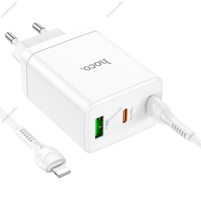Мережевий зарядний пристрій Hoco N33 Start three-port charger Lightning cable 35W White