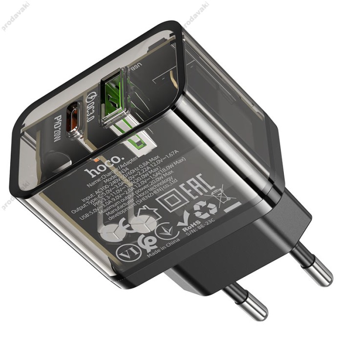Мережевий зарядний пристрій HOCO N34 dazzling dual-port Lightning cable 20W Transparent-black