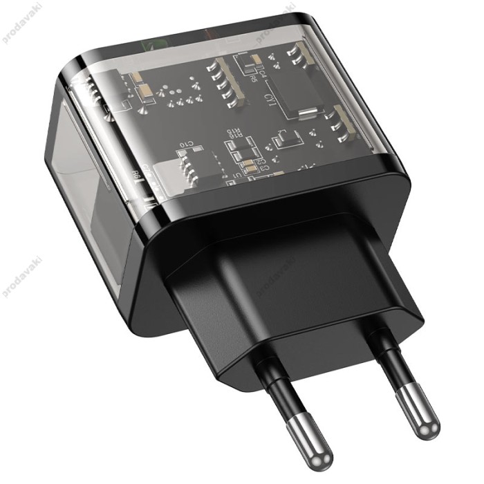 Мережевий зарядний пристрій HOCO N34 dazzling dual-port Lightning cable 20W Transparent-black