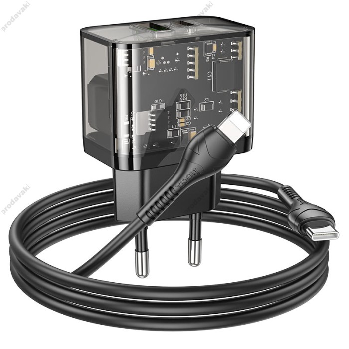 Мережевий зарядний пристрій HOCO N34 dazzling dual-port Lightning cable 20W Transparent-black