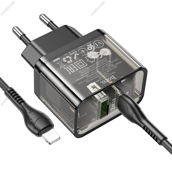 Мережевий зарядний пристрій HOCO N34 dazzling dual-port Lightning cable 20W Transparent-black